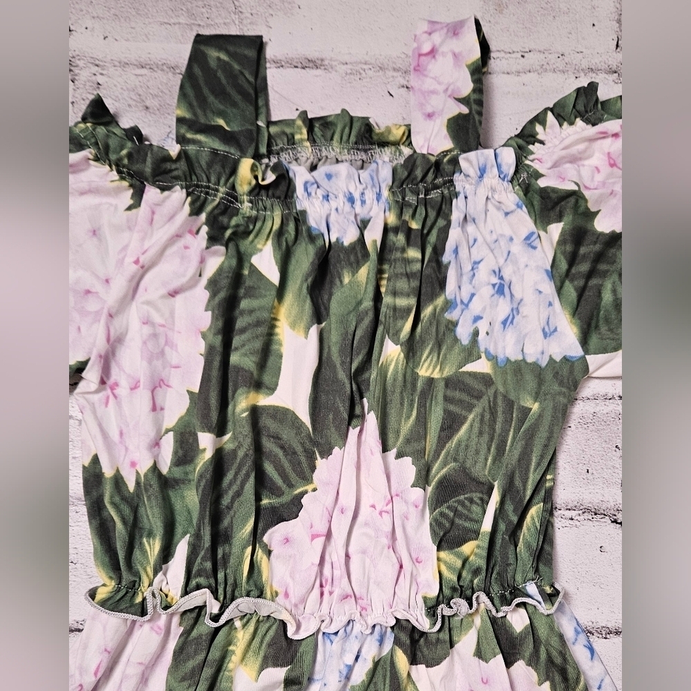 HQ Fashion Green Floral Hydrangea Dress Puff Sleeve Ruffle Hem L - Picture 5 of 12